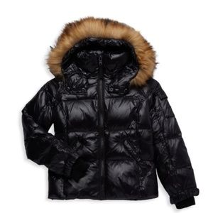 Children's Black Puffer Coat with Faux Fur Trim